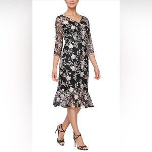 Alex Evenings Women’s Tea Length Embroidered w illusion sleeves wedding guest 4